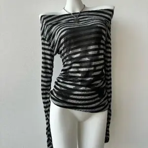 Japan Slash Neck Long Sleeves Top Striped Harajuku Commuter Slim Streetwear Clothing Fairycore Skeleton Goth  T-shirt