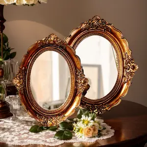 Elegant Oval Mirror Decorative Piece, Home Decor Mirror, Vintage Copper Color Resin Frame, Ideal for Makeup Table Storage & Photography Props