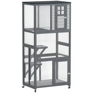 PawHut 74" Wooden Catio Outdoor Cat House Weatherproof & Wheeled, Outside Cat Enclosure with High Weight Capacity, Kitten Cage Condo, Light Gray