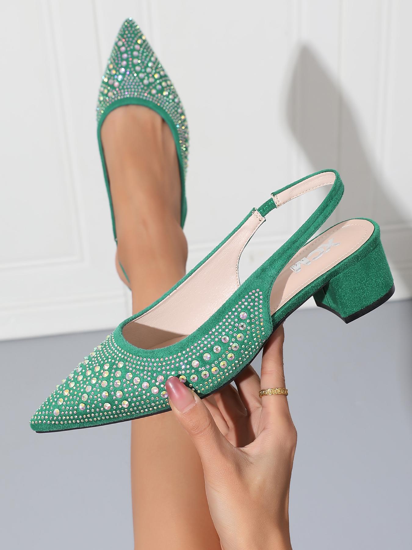 Women's pointed toe chunky heels with stylish green rhinestone embellishments on the back strap comfortable mid heel casual and versatile suitable for all season outfits