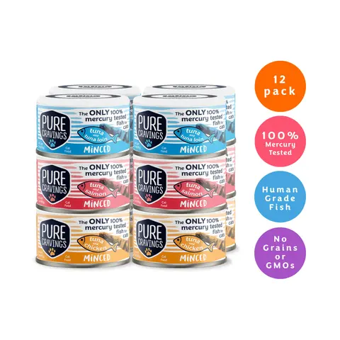 Pure Cravings Minced Tuna Wet Canned Cat Food, 100% Mercury-Tested, Moist Can Fish for Cats, Grain-Free, Protein, Non-GMO, Variety Pack, 3oz, 12-Pack