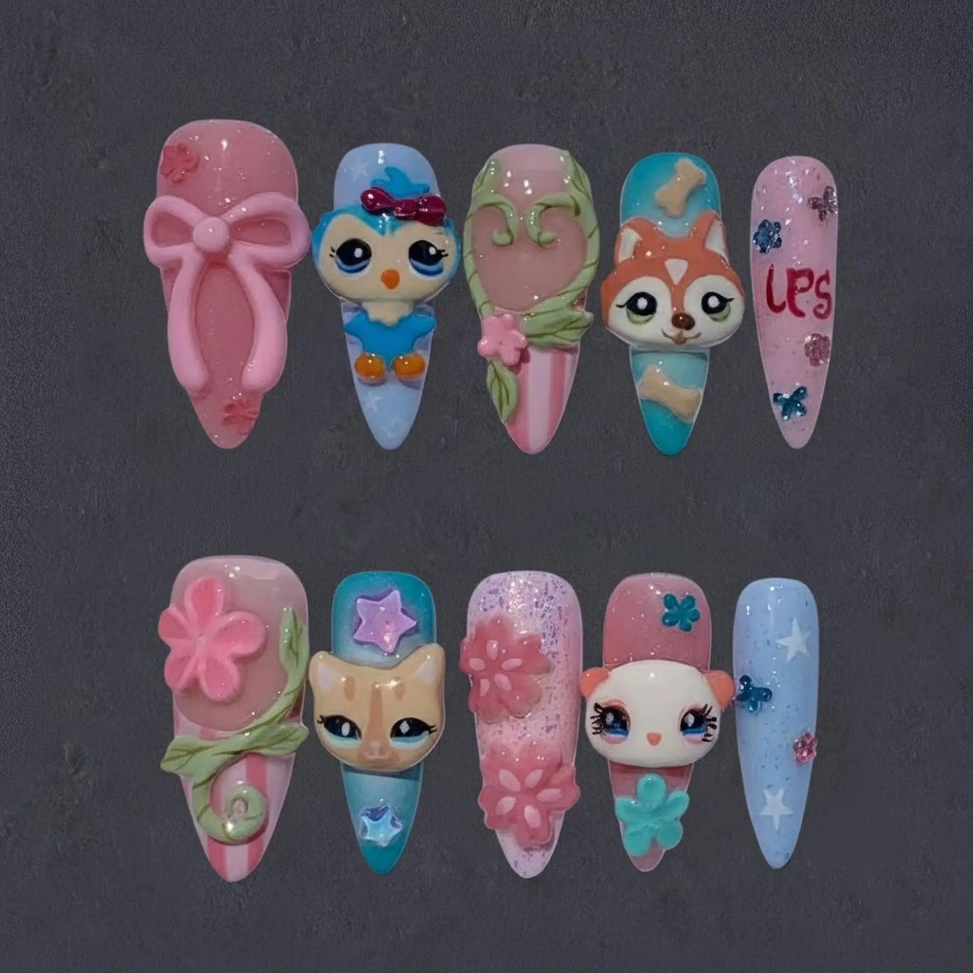 Y2K Littlest Pet Shop Press-On Nails – 3D Animal Charms, Kawaii Nail Art