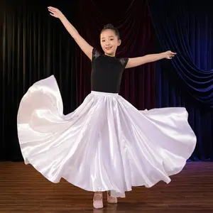 Girls Satin Full Circle Ankle Length Swing Long Skirt - Belly Dance Performance Costume for School Children 8-12 Years, Elegant Flowy Party Dress for Kids, Perfect for Dance Recital Stage Show and Special Occasions