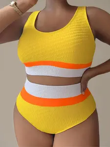 Plus Size Striped Print Bikini Set, Casual Fashion Chic Swimsuit Set, Tankini Swimsuit for Beach Holiday Vacation, Women's Swimwear for Summer, Colorblock Bikini, Colorblock Hollow Swimsuit