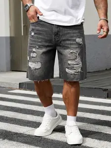 Men's Vintage Black Washed Ripped Distressed Denim Jorts Elastic Waist Baggy Wide Leg Mid Rise Casual Streetwear Knee Length Summer Shorts