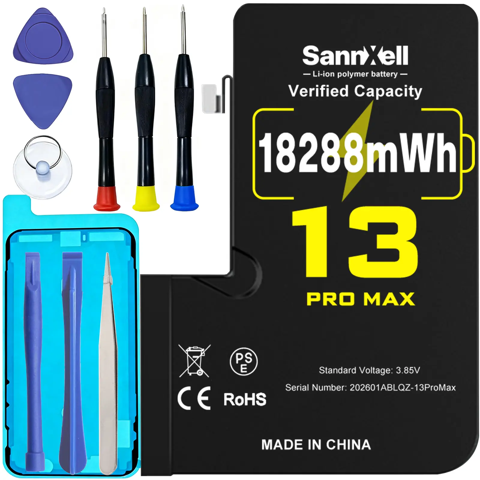 SannXell Upgraded High-Capacity Aluminium iPhone 13 Pro Max Replacement Battery (Phones & Electronics Accessories), 18288mWh 0-Cycle 4500-5209 mAh Li-Po Cell, Auto Power-Lock Tech, Compatible with A2484 A2641 A2643 A2644 A2645, Full Repair Tool Kit, Batte