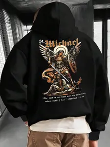Men's Fall Winter Long Knit Fitted Hooded Sweatshirt, Comfortable Skin-Friendly Fabric, Saint Michael Angel Print, Trendy Cultural Design