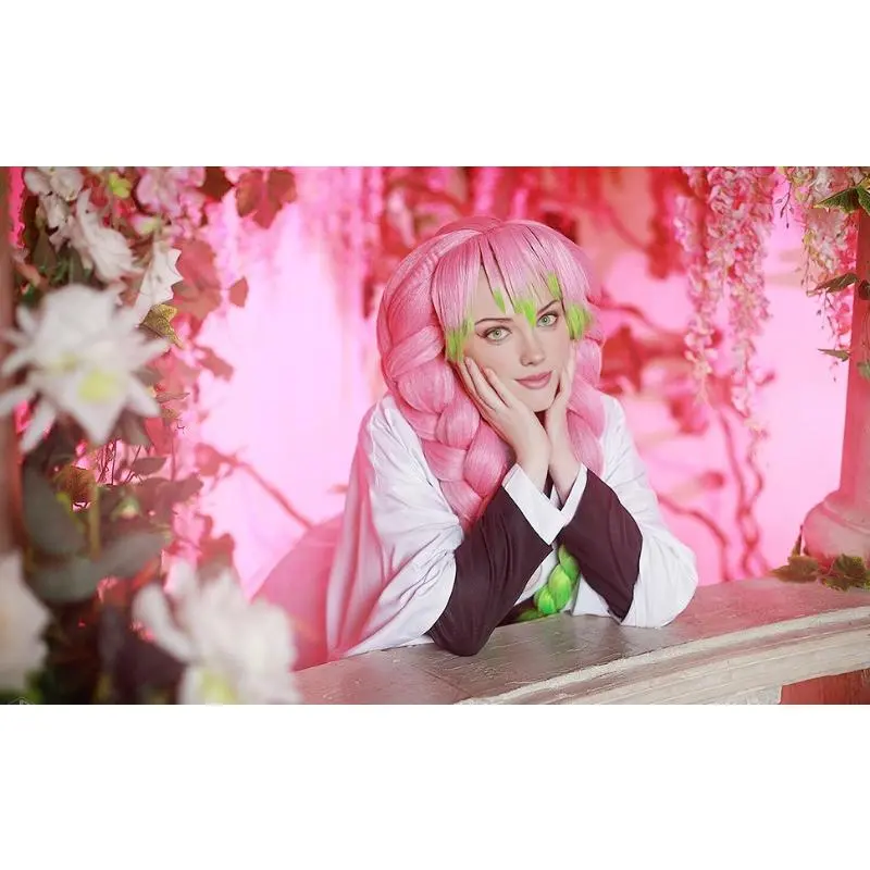 Beauty Anime Pink and Green Wig Kanroji Mitsuri Cosplay Braided Hair with Pigtails for Women Halloween Carnival Comic-Con Party