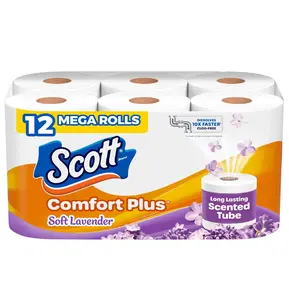 Toilet Paper with Soft Lavender Scented Tube, 12 Mega Rolls, 310 Sheets per Roll, Septic-Safe, 1-Ply Toilet Tissue Wipes White
