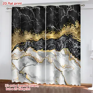 2D Flat, 2pcs, 2D flat print, semi-opaque semi-transparent perforated curtains, Abstract style Golden marble curtainsUsed for home decoration in bedrooms, living rooms, kitchens, cafes, and study rooms., 2D Flat