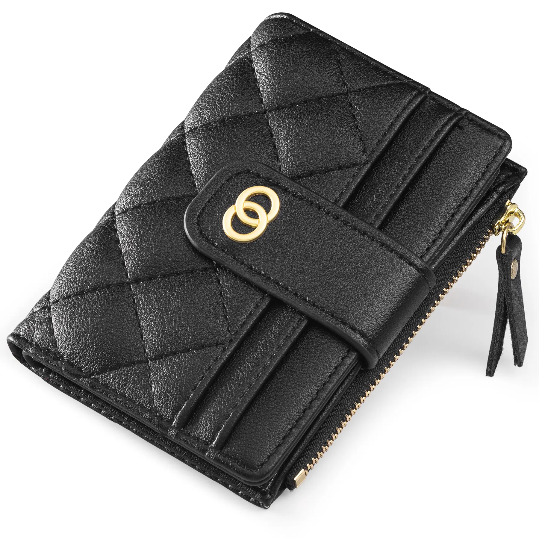 VTLASK Women's Diamond Quilted Slim Small Bifold Leather Wallet - Credit Card Holder, Zipper Coin Pocket,ID Window