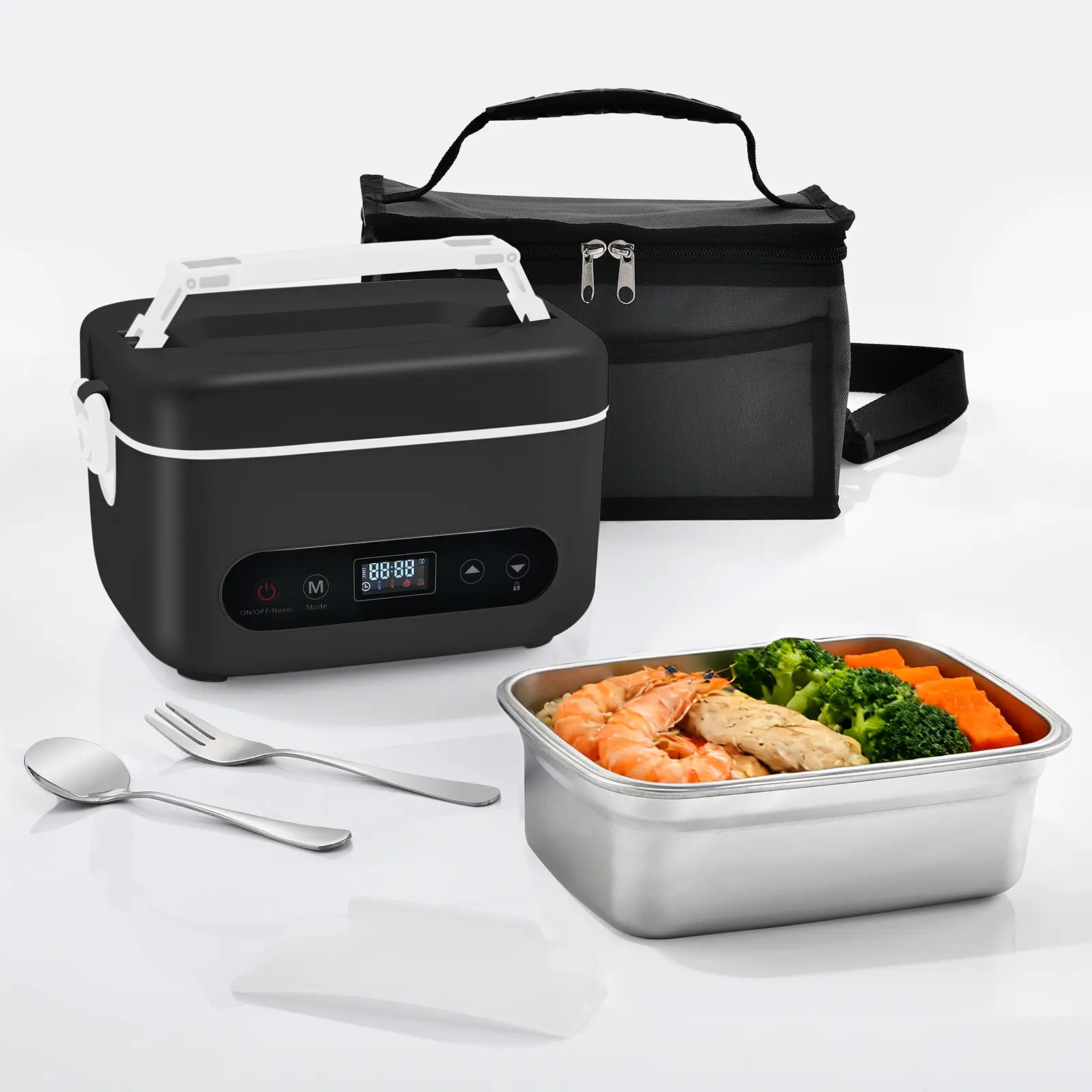Univering Cordless Electric Heated Lunch Box for Adults Men Women Rechargeable Self Heating Battery Powered Food Warmer with 1L Container Fork Spoon Insulated Carry Bag for Car Travel Office Portable Bento Box