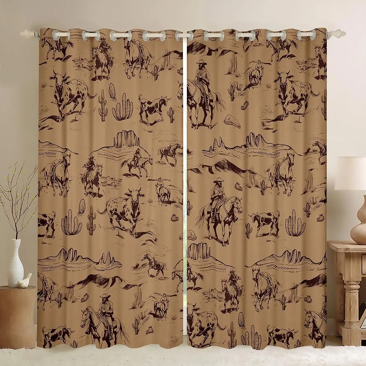 Feelyou Wild West Cowboy Velvet Blackout Grommet Curtain Panels - Easy-to-Clean, Country Theme, Multi-Size Household Drapes, Brown Rodeo Decor, Curtain for Windows, Bedroom Living Room, Velvet Fabric, Gives Private Window Moments at Home