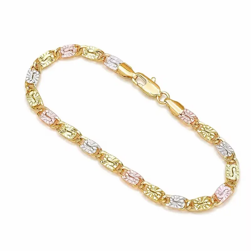 1pc Tri-Color Mariner Link Bracelet for Women – Polished Floral Engraved Three Tone Gold Chain Bracelet, Dainty Jewelry Gift for Her