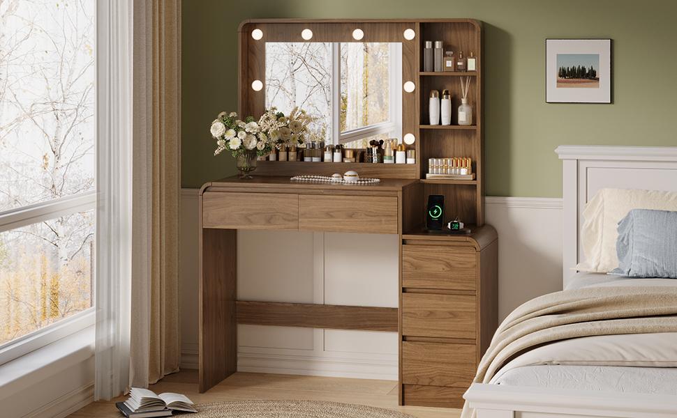 TOKSOM Modern Freestanding Makeup Vanity Desk - 35.4" Tabletop, 19.2" Bright LED Built-In Lights Elegant Mirror, 5 Drawers, 6 Open Shelves, Charging Station for Women - Bedroom Indoor Furniture Vanities, Built-In Lights Makeup Vanities TOKSOM Modern Freestanding Makeup Vanity Desk - 35.4" Tabletop, 19.2" Bright LED Built-In Lights Elegant Mirror, 5 Drawers, 6 Open Shelves, Charging Station for Women - Bedroom Indoor Furniture Vanities, Built-In Lights Makeup Vanities