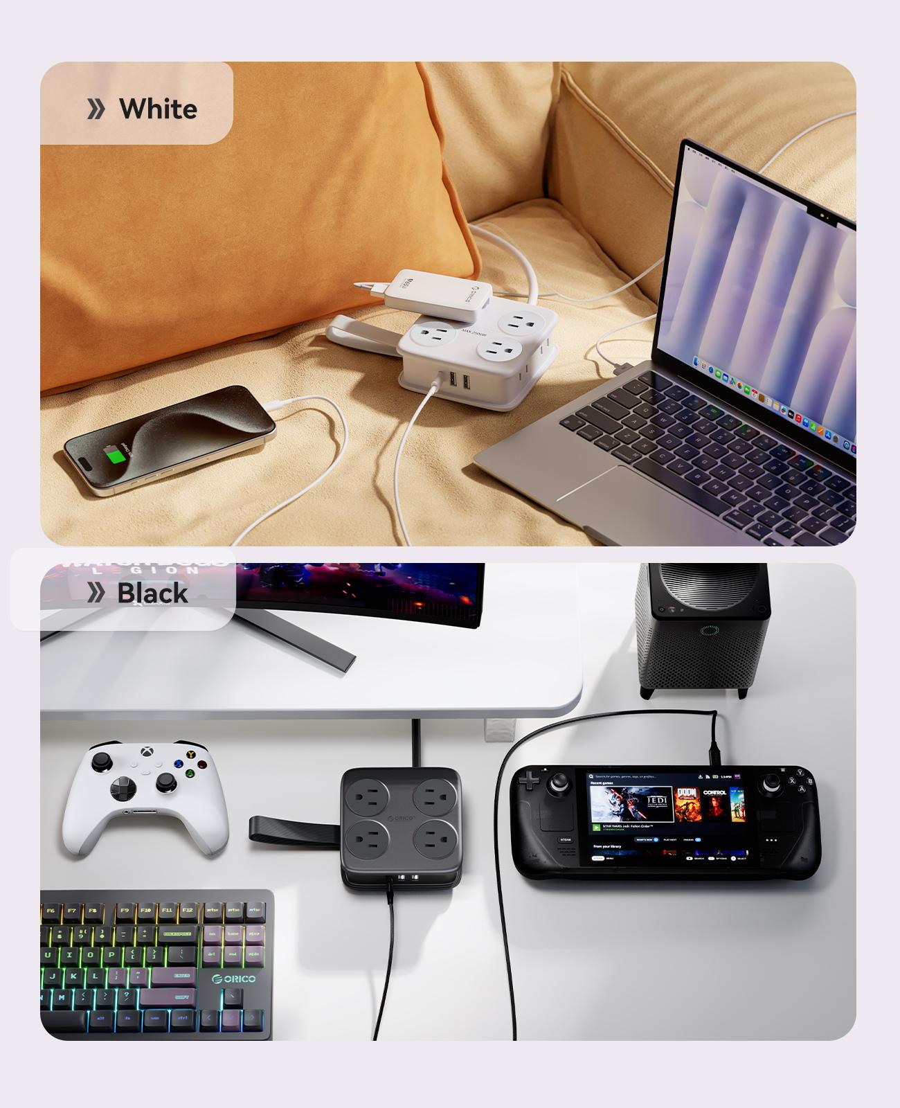 ORICO Power Strip is Designed for Desktop, 5 Ft Extension Cord with 3 USB Ports, 4 Side Outlet Extender & Flat Plug, 11 in 1 Charging Station for Home/Office/Dorm--AP3-8A