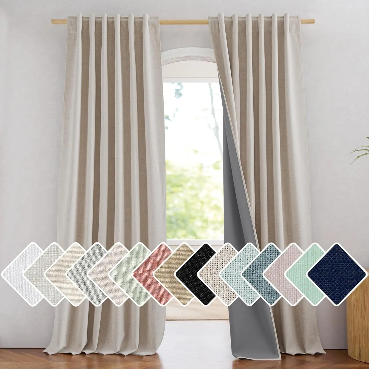 NICETOWN 100% Blackout Natural Linen Bedroom Curtains 95" Length with Thermal Insulated Liners, Farmhouse Style Room Cooling Small Window Draperies for Living Room (2 Panels, 52" W)