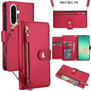 Horizontal flip phone case suitable for Samsung Galaxy S26 S25 Edge, S24, S23, S22, S21 FE Ultra Plus, featuring PU synthetic leather, zippered wallet, card slot, RFID block, and wristband for women's fashionable and versatile bags
