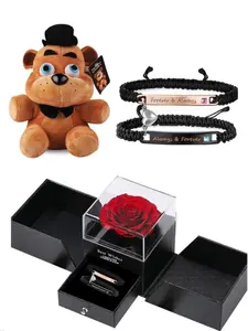 Five Nights at Freddy's series plush toys, 7 inches, children's bedding, super soft plush pillow/doll. Creative couple's gift, magnetic matching bracelets with a rose gift box, bracelet for girlfriend, perfect gift for him/her, Valentine's Day gift for co