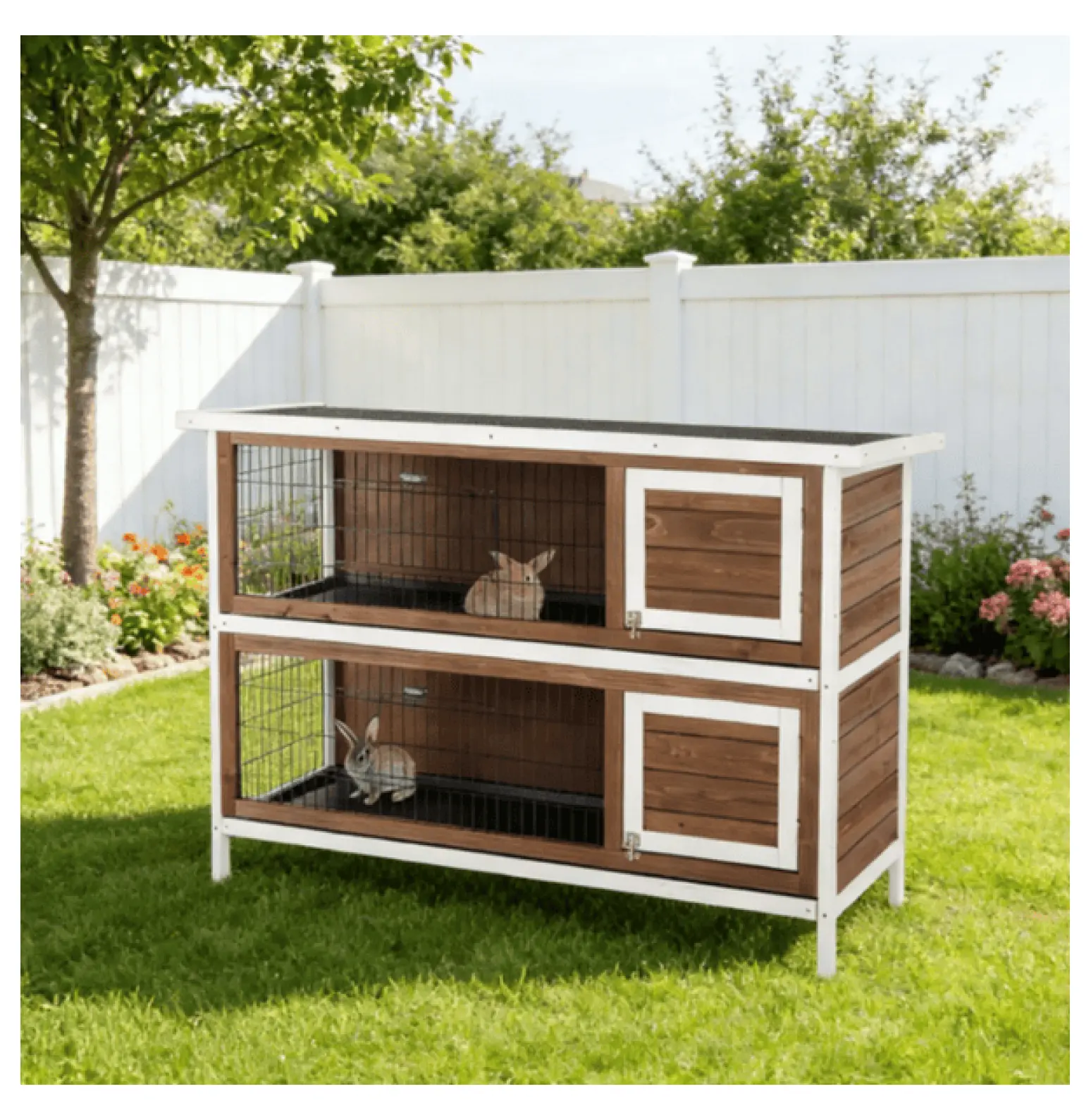 Rabbit Hutch Cage, 2 Story Indoor Outdoor Bunny Playpen - 53.75" Wood Rabbit Cage with 4 Doors & Removable Trays for 2 Rabbits default title