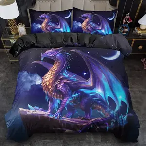Blue Dragon Starry Sky Print Bedding Set (1 Fitted Sheet + 2 Pillowcases), Fantasy Epic Style, Soft Comfortable, Bedroom Decor