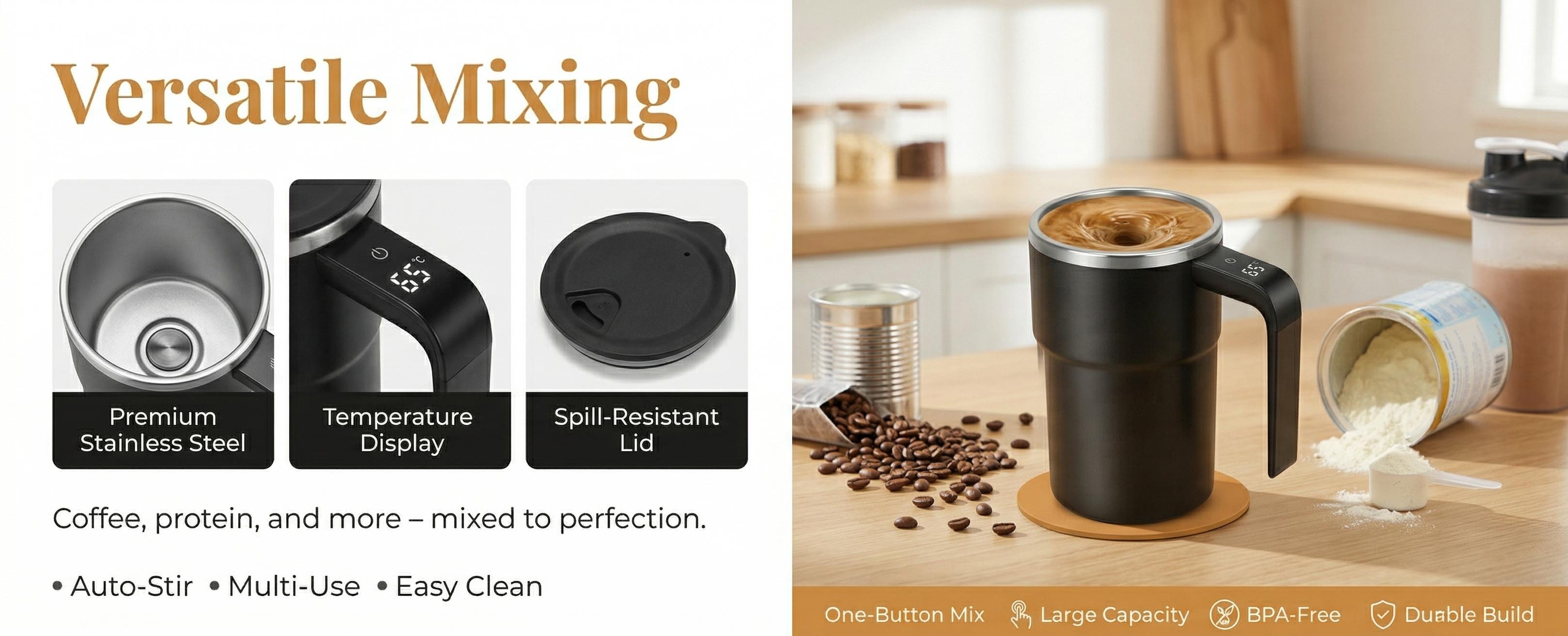 【Automatic Magnetic Self Stirring Coffee Mug】 Rechargeable Stainless Steel Insulated Mixing Cup with Lid for Coffee Milk Tea Hot Chocolate and Protein Powder ,LCD Thermometer for Milk/Cocoa at Office/Kitchen/Travel