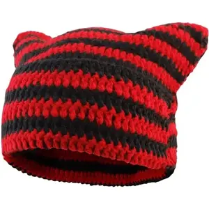 Cat Beanie Vintage Beanies Women Men Fox Hat Grunge Accessories Slouchy Beanies for Men Women Chic Design Two Color Stripes Comfortable Material
