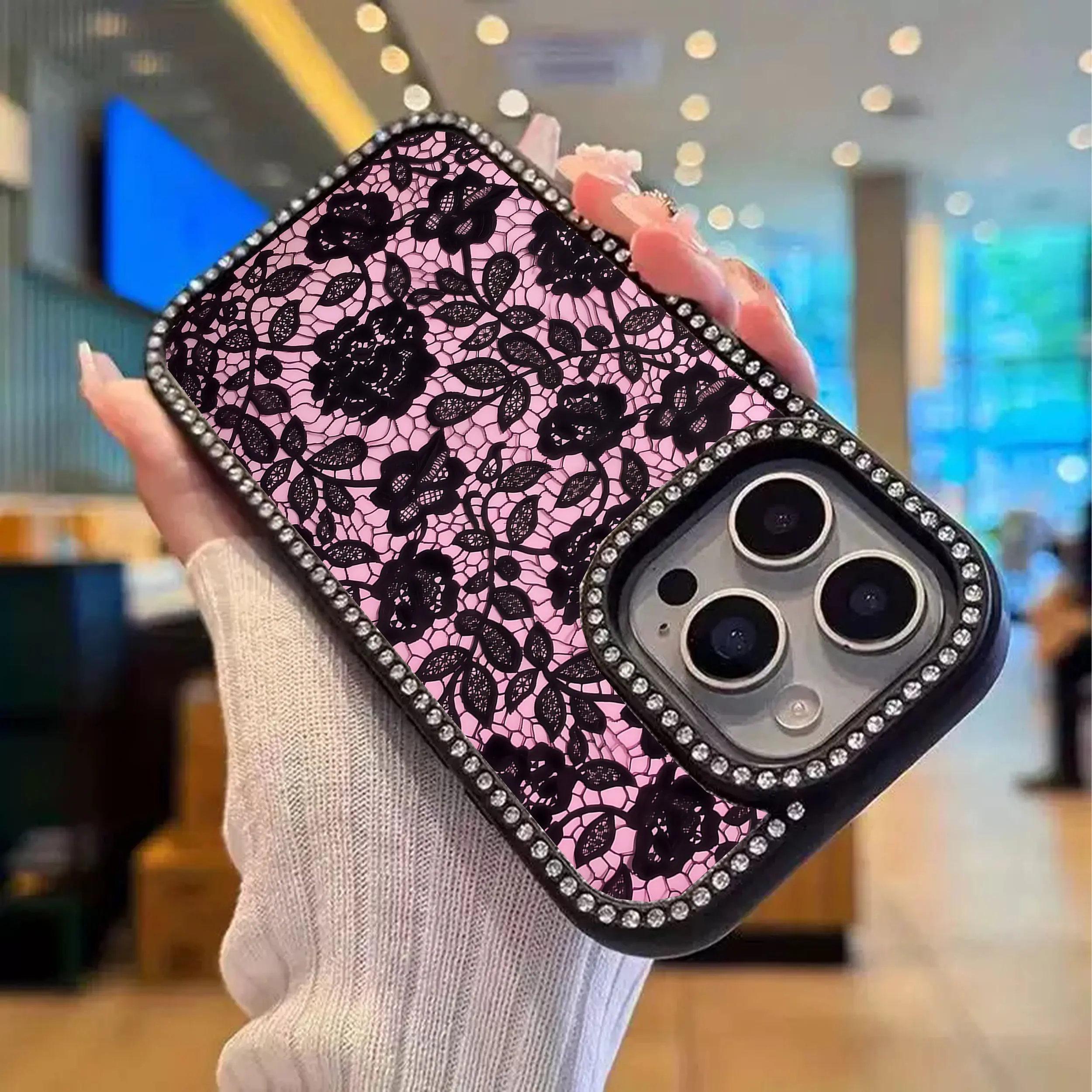 Bling Edge Phone Case Black Lace On Pink Elegant Feminine Design diamond-studded Phone Case For 17 16 15 14 13 12 11 X XS AIR PRO PLUS MAX AIR Phone Case #YJSMXZSHYLS1