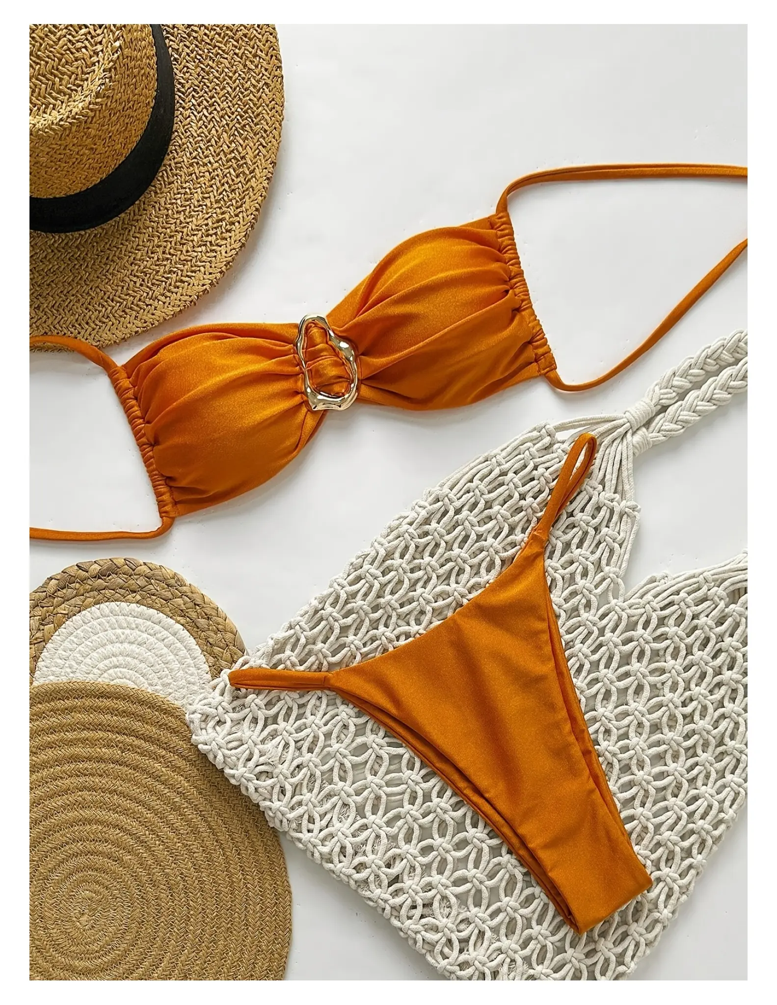 Women's Halter Bikini Set in Solid Orange, 2 Piece Sporty Chic Swimsuit with Metal Accent and Adjustable Ties, Beach/Pool, Nylon-Spandex, Quick Drying, Bikini Style, Standard Sizes