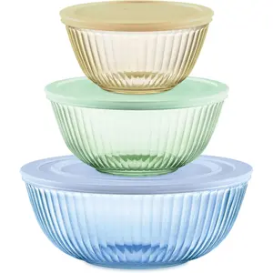 Tinted (3-Pack, Full Set) Sculpted Tinted Glass Mixing Bowls With Plastic Lids, Nesting Space Saving Set of Bowls For Prepping and Baking