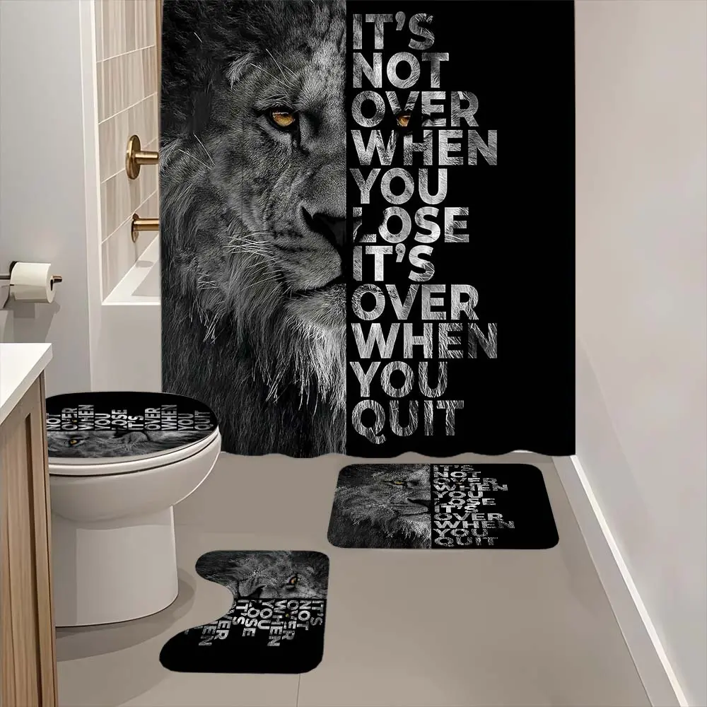 4 piece Lion Motivational Quote patterned shower curtain, The 4-piece set includes a single shower curtain, anti slip floor mat, toilet U-shaped mat, toilet lid mat, with shower curtain hook, and belongs to bathroom decoration products
