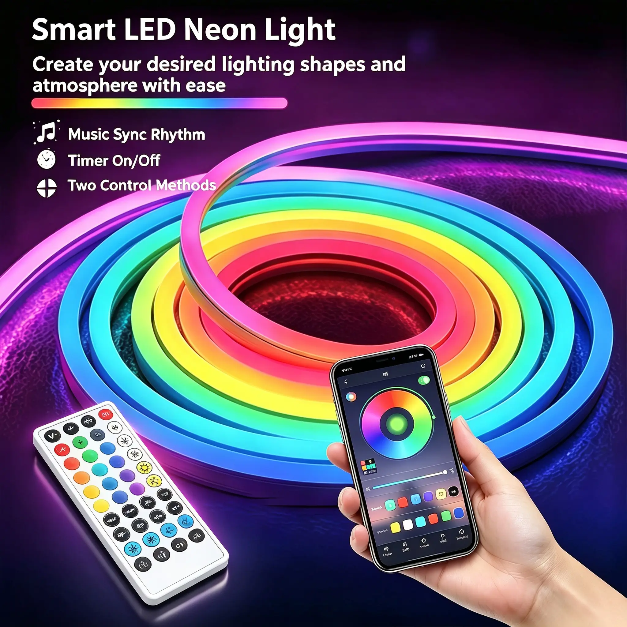 KEYDOORS RGB Neon Rope LED Strip Lights, IP67 Waterproof, 40-Key Remote Control, Music Sync, DIY Design, Multiple Modes for Bedroom, Holiday Decoration