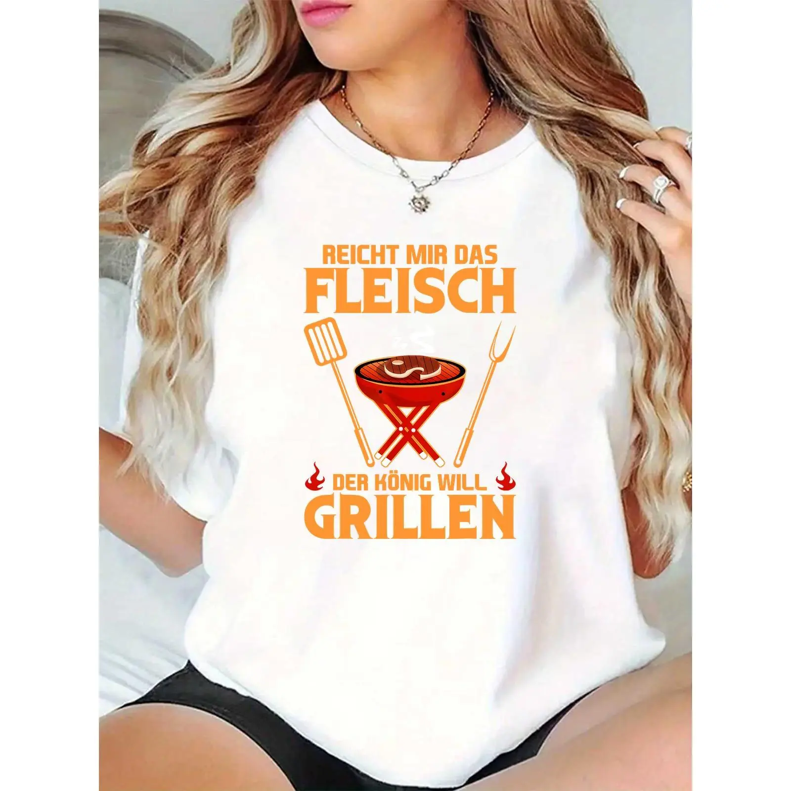 Women's White 'The King Wants to Grill' BBQ T-Shirt | Grill, Spatula, Fork & Flames Design | Ideal for Summer Cookouts, BBQ Parties & Grilling Enthusiasts