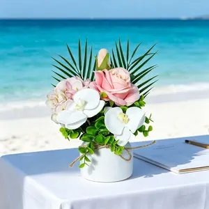 1pc Artificial Orchid Rose Hydrangea Arrangement in White Pot - Faux Tropical Floral Centerpiece -Artificial Flower with Greenery, No Maintenance Home & Office Decor, Elegant Indoor Decorations, Perfect Housewarming & Mother's Day Gift