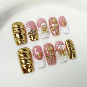 MAGIC NAILS Holiday Glam Press on Nails Luxury Gold 3D Floral Carving Icy French Tips with Sparkling Crystals Winter White False Nails for Christmas New Year