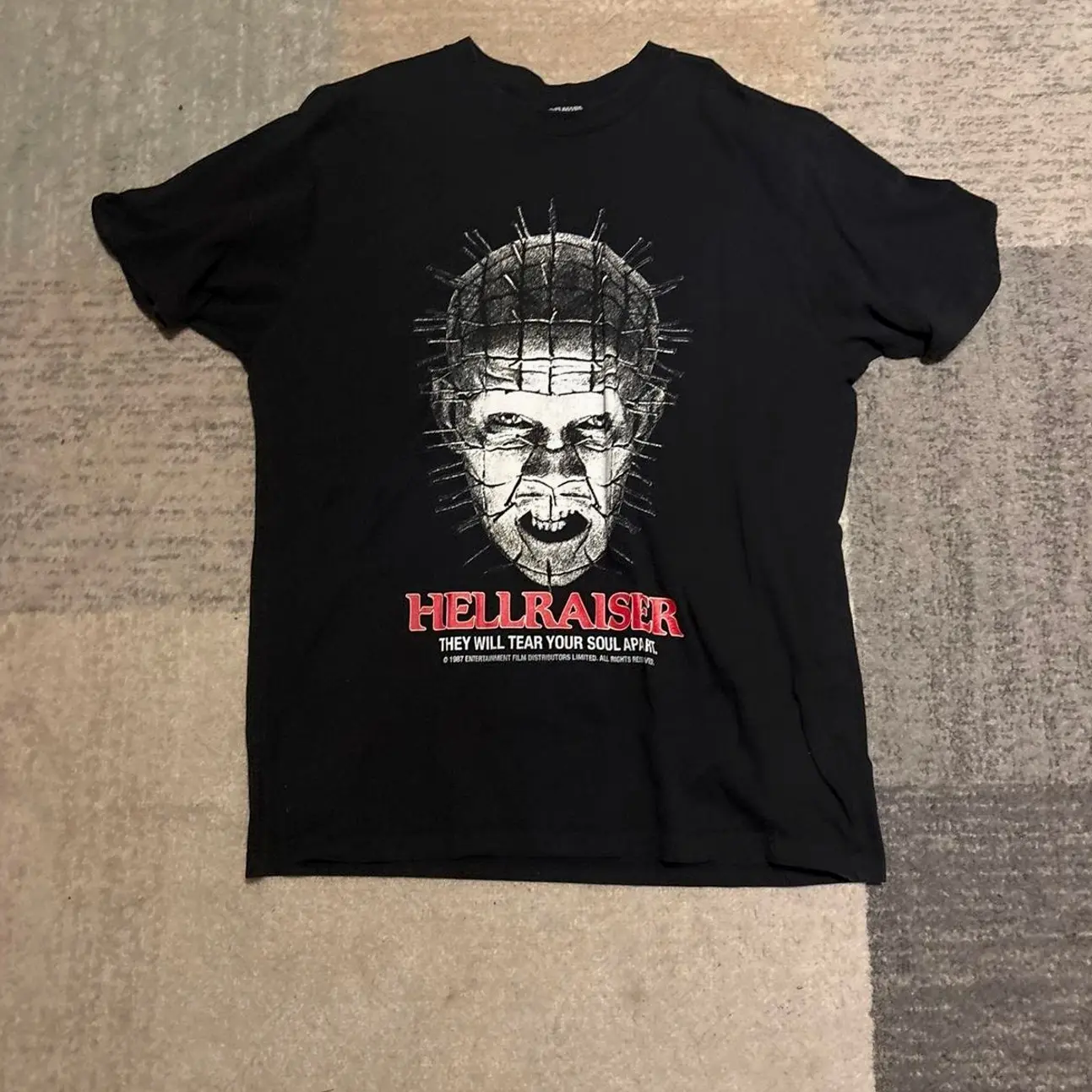 Hellraiser Pinhead black t-shirt with graphic of a man's face with pins and the words 'HELLRAISER' and 'THEY WILL TEAR YOUR SOUL APART' #horror #pinhead