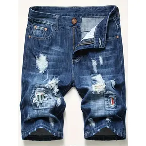 Men's Cotton Distressed Ripped Patchwork Denim Shorts, Y2K Streetwear Vintage Washed Jean Shorts, Casual Summer Knee-Length Bottoms, High Street Fashion