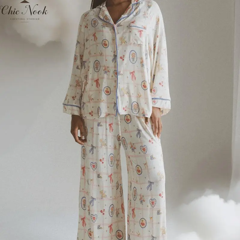 Womens Cute Pajama Set Floral Print 2 Piece Pjs Long Sleeve Button Down Sleepwear Pj Sets