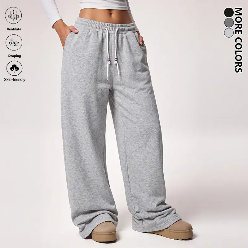 Clean Gent women’s solid-color basic drawstring-waist pants, loose wide-leg fit, comfortable cotton fabric casual long pants suitable for all seasons, ideal for everyday wear and running/exercise (available in 3-, 2-, or 1-pack).