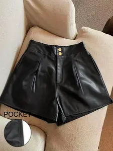 Fashion Women's Shorts, Summer Clothing, Metal Buckle Decorated Pleated Design, Elastic Waist, Fit, Multi-Functional Pockets, Casual Leather Style, Button