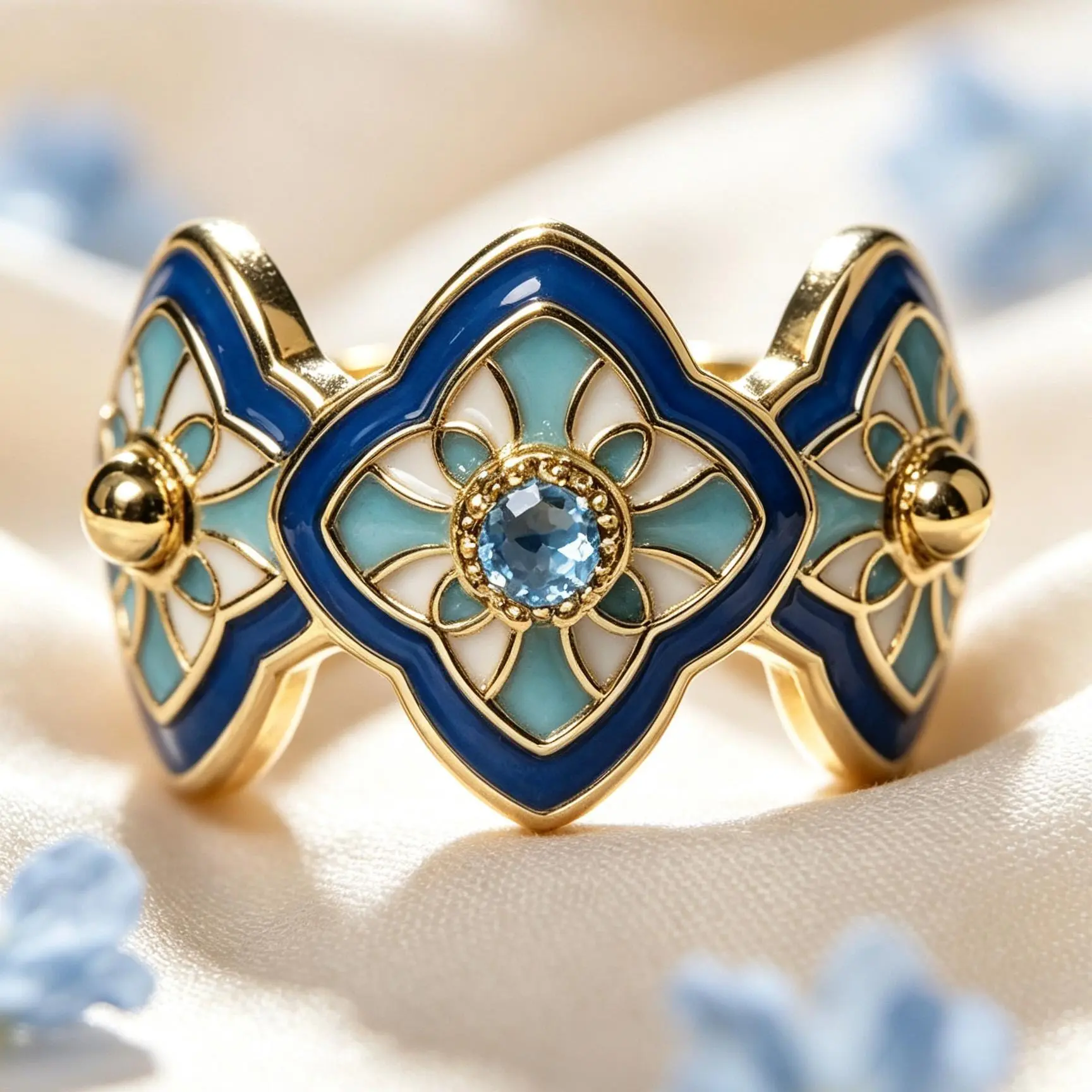 Women's Vintage Edwardian Blue Enamel Cocktail Ring with Sparkling Synthetic Zircon Inlay, Floral Design Costume Jewelry, Luxurious Wedding Party Gift for Dinner Events