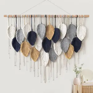 Alynsehom Large Macrame Wall Hanging, Boho Handmade Leaf Feather Bohemian Woven Tapestry, Chic Wall Art Home Decor for Bedroom Living Room Nursery Apartment Decorations(39" W x 29.5" L)