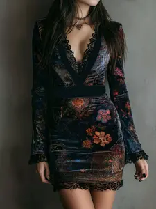 New Bohemian Floral Print Velvet Long Sleeve Bodycon Mini Dress with Lace Trim, Elegant V Neck Design, All Seasons Fashion, Women's Clothing