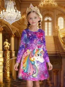 Cute Unicorn Print Long Sleeve Dress, Graphic Print Dress, Fitted Cartoon Pattern, Perfect Gift for Little Girls, Casual Spring & Fall Fashion