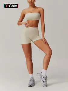 Women's Solid Crop Tube Top & High Waist Shorts Sportswear Set, Casual Comfy Breathable Two-piece Outfits for Yoga Gym Workout Running, Ladies Sportswear for All Seasons, Workout Running Clothes