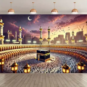 Photography Background Flag -Elegant Mosque Landscape and Prayer Pilgrims, Twilight Sky and Islamic Architecture, suitable for indoor and outdoor party decoration, studio props, festivals and birthday celebrations, party background Islamic home decoration