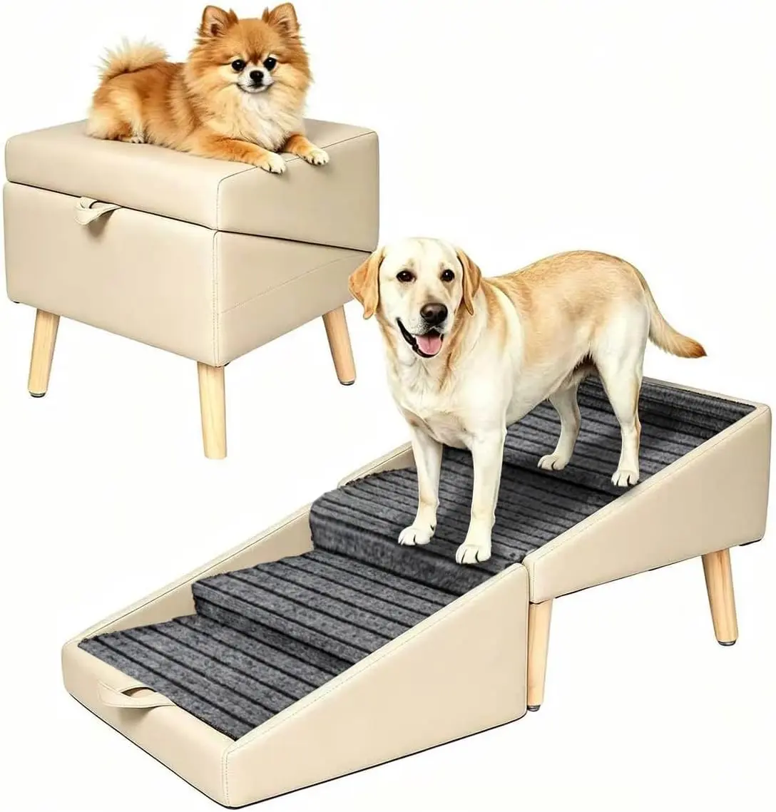Dog Ramp for Couch Sofa and Low Bed, 13.5"H 2-in-1 Foldable Split Ottoman&Steps, Non-Slip Wooden Pet Stairs for Small Senior Injured Dogs & Cats