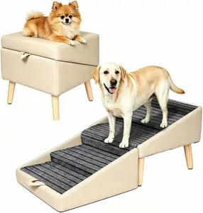 Dog Ramp for Couch Sofa and Low Bed, 13.5"H 2-in-1 Foldable Split Ottoman&Steps, Non-Slip Wooden Pet Stairs for Small Senior Injured Dogs & Cats