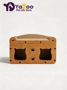 Walnut Cat Head Cat Scratch Board House 2-in-1 for Scratching Resting and Playing Natural Wood Design