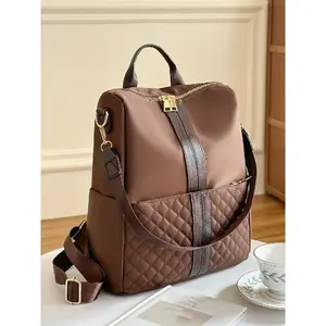 Simple Plain Quilted Nylon Backpack, Casual Large Capacity Shoulder Bag for Women, Multi-functional Zipper Backpack, Casual Travel Backpack